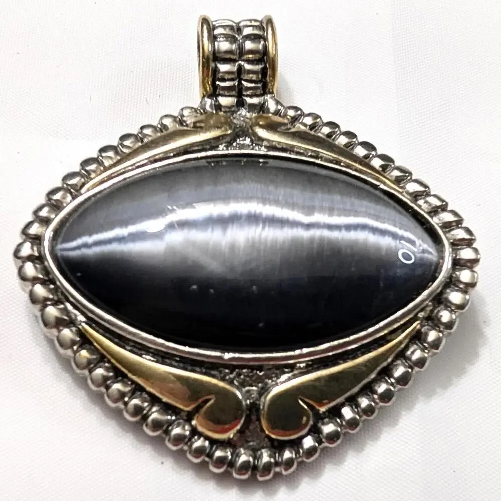 Silver Gold Tone Grey FAUX Cateye‎ Cat Eye Cabochon Pendant Large Vintage Oval